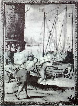Mercanti bolognesi osservano l'imbarco di 'fagotti' di seta